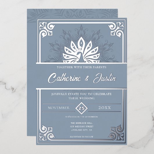 Moderne Art Deco Peacock Bruiloft Zilver Folie Uitnodiging (Voorkant / Achterkant)