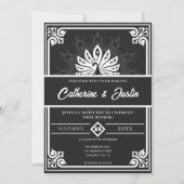 Moderne Art Deco Peacock Wit en Zwart Bruiloft Kaart (Voorkant)