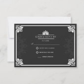 Moderne Art Deco Peacock Wit en Zwart Bruiloft RSVP Kaartje (Voorkant)