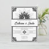 Moderne Art Deco Peacock Zwart-wit bruiloft Kaart (Staand voorkant)