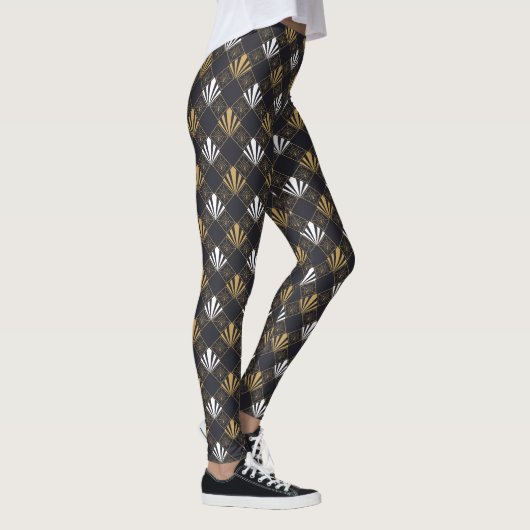 Moderne Art Deco Zwart, Wit en Goud Fan Leggings (Rechts)