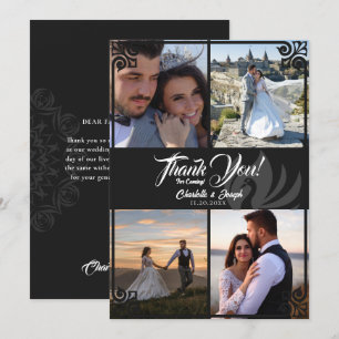 Moderne Art Deco Zwart Zwaan 4 Foto Bruiloft Bedankkaart