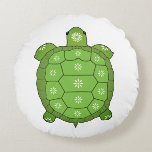 Moderne Artistieke Groene Schildpad op Wit Rond Kussen