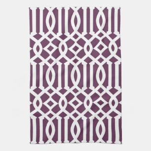 Moderne Aubergine Paarse en Witte Trellis Patroon Theedoek