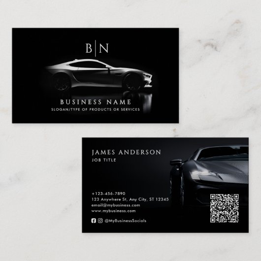 Moderne Auto/Auto Monogram QR Code & Sociale Media Visitekaartje (Voorkant / Achterkant)