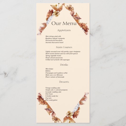 Moderne Automne Orange BOHO Dîner Mariage Menu (Devant)