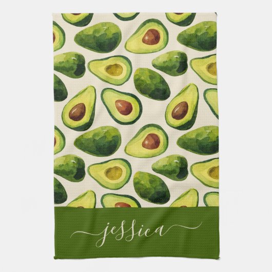 Moderne avocado patroon script naam theedoek (Verticaal)