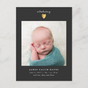Moderne Baby Boy Foto Gouden Hart Geboorte Aankondigingskaart