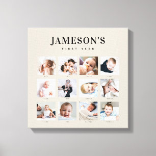 Moderne baby eerste jaar herinneringskalender met canvas afdruk