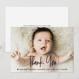 Moderne baby geboorte foto Handlettering Baby Show Bedankkaart