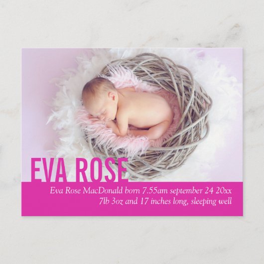 Moderne baby girl roze foto aankondiging briefkaar (Voorkant)