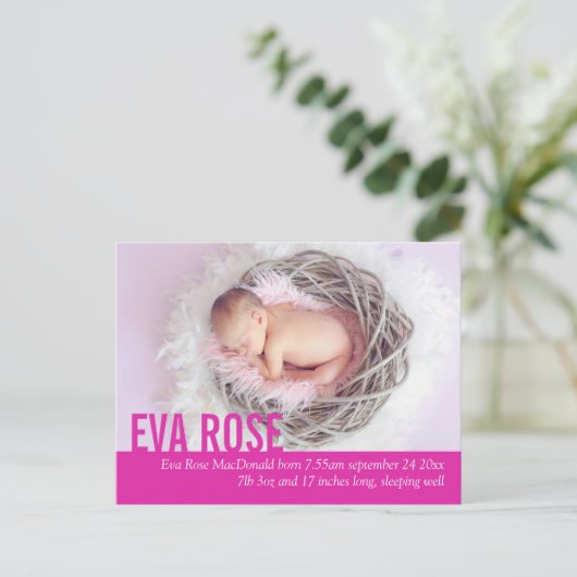 Moderne baby girl roze foto aankondiging briefkaar (Staand voorkant)