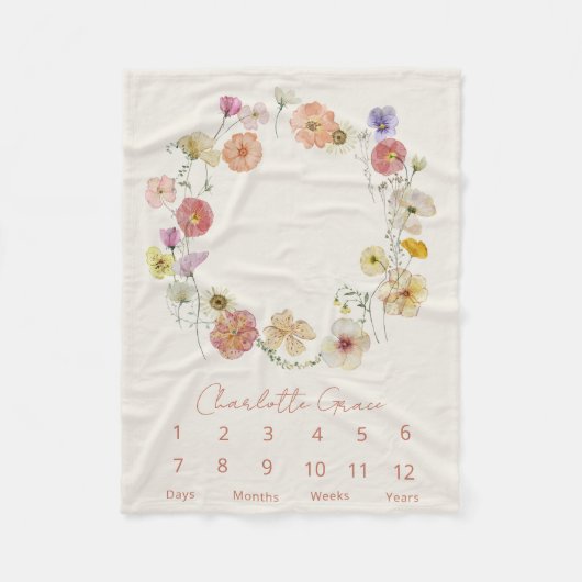 Moderne Baby Milestone Waterverf Bloemenkrans Fleece Deken (Voorkant)