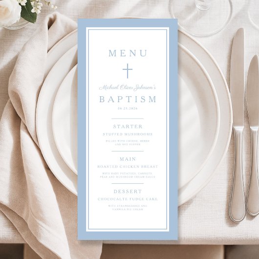Moderne babyblauwe kruisjongen doop menu