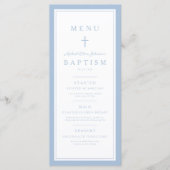 Moderne babyblauwe kruisjongen doop menu (Voorkant)