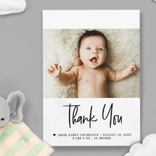 Moderne babyfoto met pasgeboren geboortestatistiek bedankkaart
