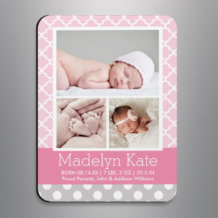 Moderne babymeisje roze grijze foto geboorteaankon magneet