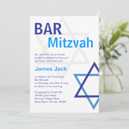 Moderne Bar Mitzvah Invitation - Bleu & Blanc (Debout devant)