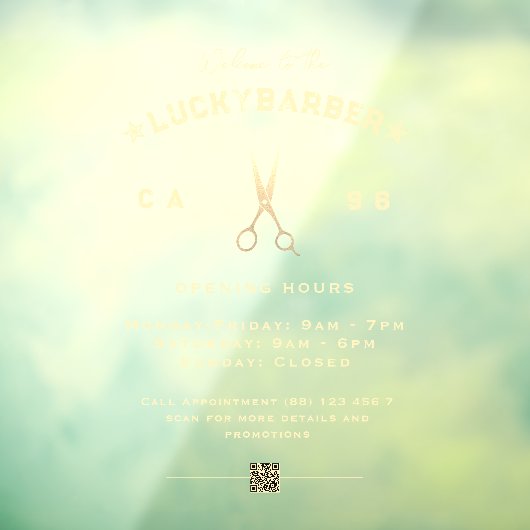 Moderne Barbershop Gold Scissors openingsuren QR Raamsticker (Vel 3)