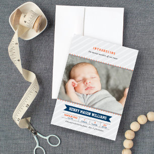 Moderne Baseball Baby Jongen Navy Oranje Foto Gebo Aankondiging