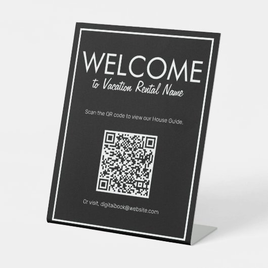 Moderne Basic Black Digital QR Code Welkomstteken Reclamebord Met Voetstuk (Voorkant)