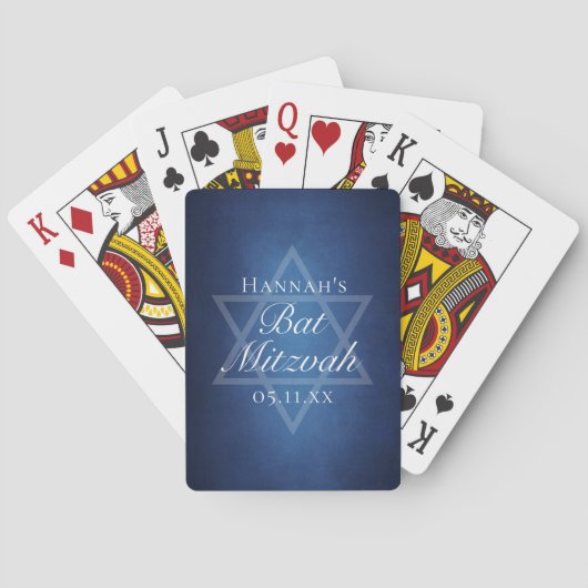 Moderne Bat Mitzvah Blauwe Ster van David Custom P Pokerkaarten (Achterkant)