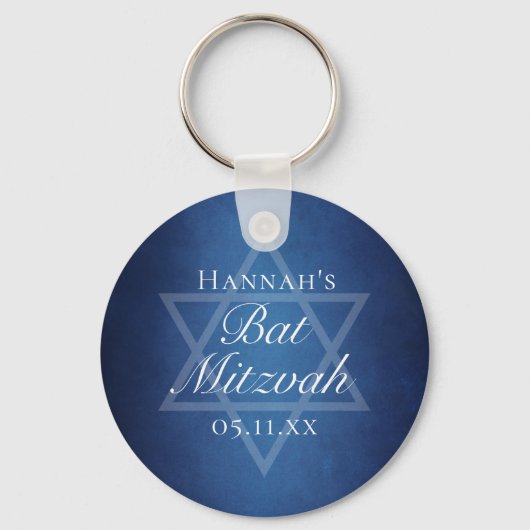 Moderne Bat Mitzvah Blauwe Ster van David Custom P Sleutelhanger (Voorkant)