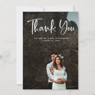 Moderne Bedankt White Script and Wedding Photo