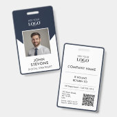 Moderne Bedrijfsmedewerker Naam Foto QR Code Navy  Badge (Front & Back)