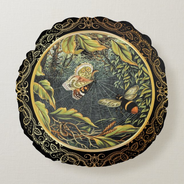 Moderne  Bee & Vlinder in Spinnenweb Rond Kussen (Voorkant)