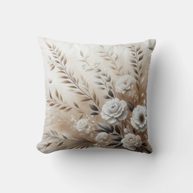 Moderne Beige Bloemen 12 Poster Kussen (Voorkant)