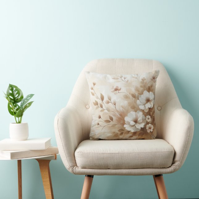 Moderne Beige Bloemen 19 Poster Kussen (Stoel)