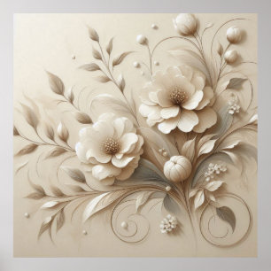 Moderne beige bloemen 21 Poster