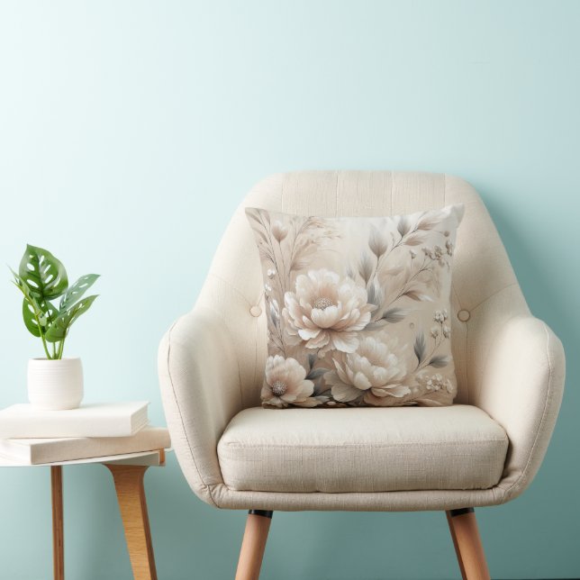 Moderne Beige Bloemen 8 Poster Kussen (Stoel)