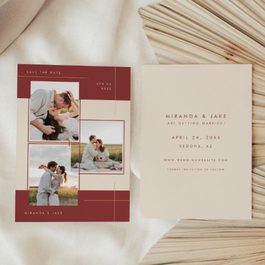 Moderne Beige Bourgondië Geometrische Inline 3 Fot Save The Date