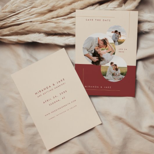 Moderne Beige & Burgundy Inline Trouwfoto Save The Date