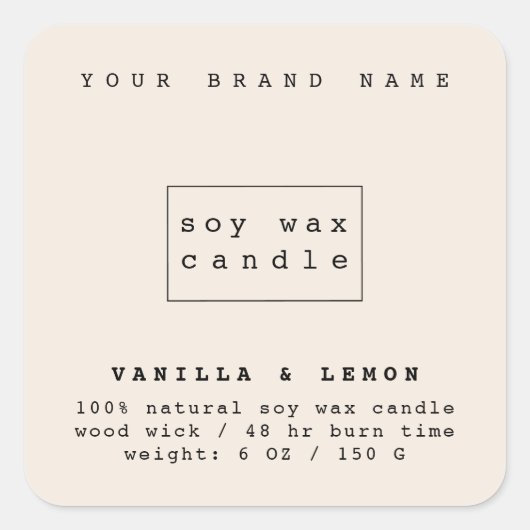 Moderne beige cosmetica verpakkingskaars  vierkante sticker (Voorkant)