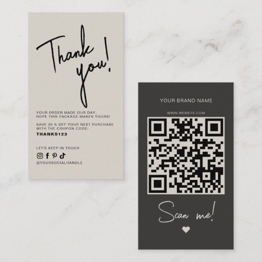 Moderne beige grijze bestelling bedankt QR-code Visitekaartje (Voorkant / Achterkant)