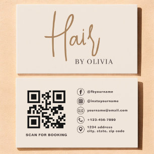 Moderne Beige Neutrale QR Code Haarstylist Visitekaartje