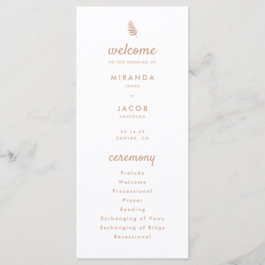 Moderne Beige Palm Leaf Summer Wedding Programma (Voorkant)