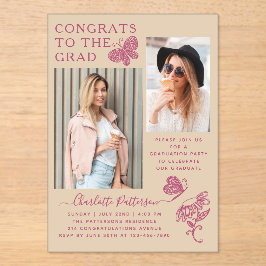 Moderne Beige Roze Vlinder Foto Graduation Party Acryl Uitnodigingen