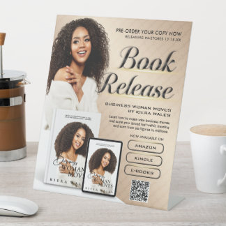 Moderne Beige & Witte Auteur Boekrelease Lancering Reclamebord Met Voetstuk