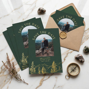 Moderne Berg Outdoors Trouwdag Opslaan De Datum Folie Uitnodiging