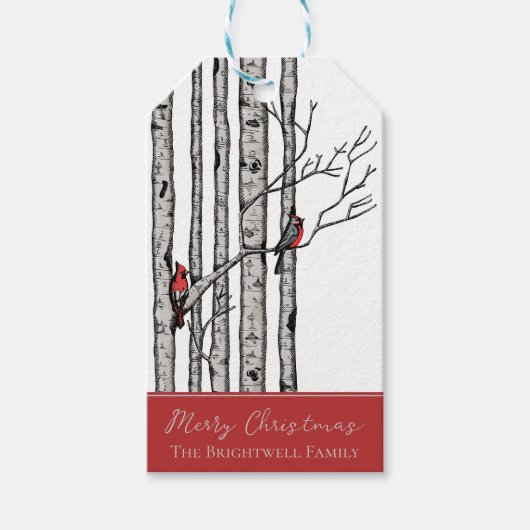 Moderne berkenbomen en rode kardinaalvogels cadeau cadeaulabel (Voorkant)