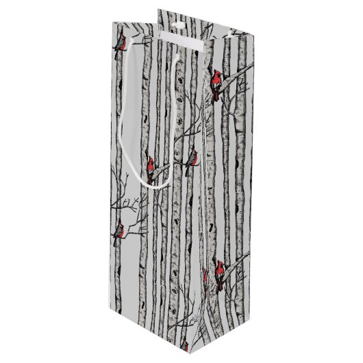 Moderne berkenbomen en rode kardinaalvogels wijn cadeautas (Voorkant Gekanteld)