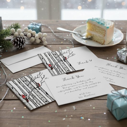 Moderne berkenbomen en rode vogels Dank u Notitiekaartje