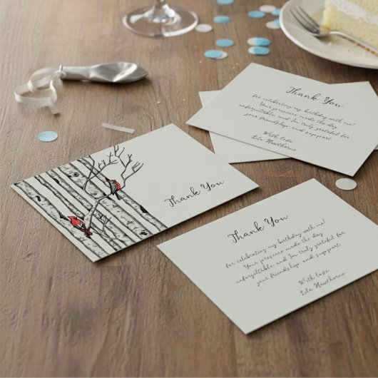 Moderne berkenbomen en rode vogels Dank u Notitiekaartje