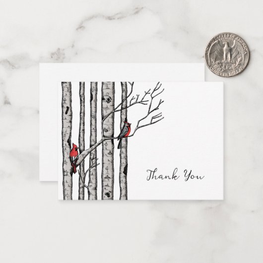 Moderne berkenbomen en rode vogels Dank u Notitiekaartje (Voorkant / Achterkant in situ)