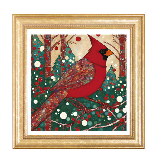 Moderne besneeuwde kerst kardinaal rode vogel foto afdruk