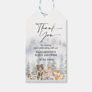 Moderne besneeuwde winter bos bedankje cadeaulabel
